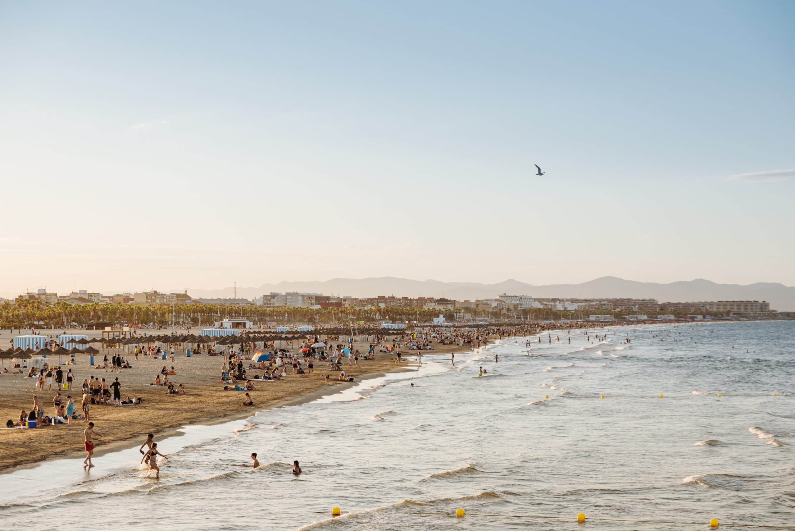 valencia beach where people are swimming and to stay cool